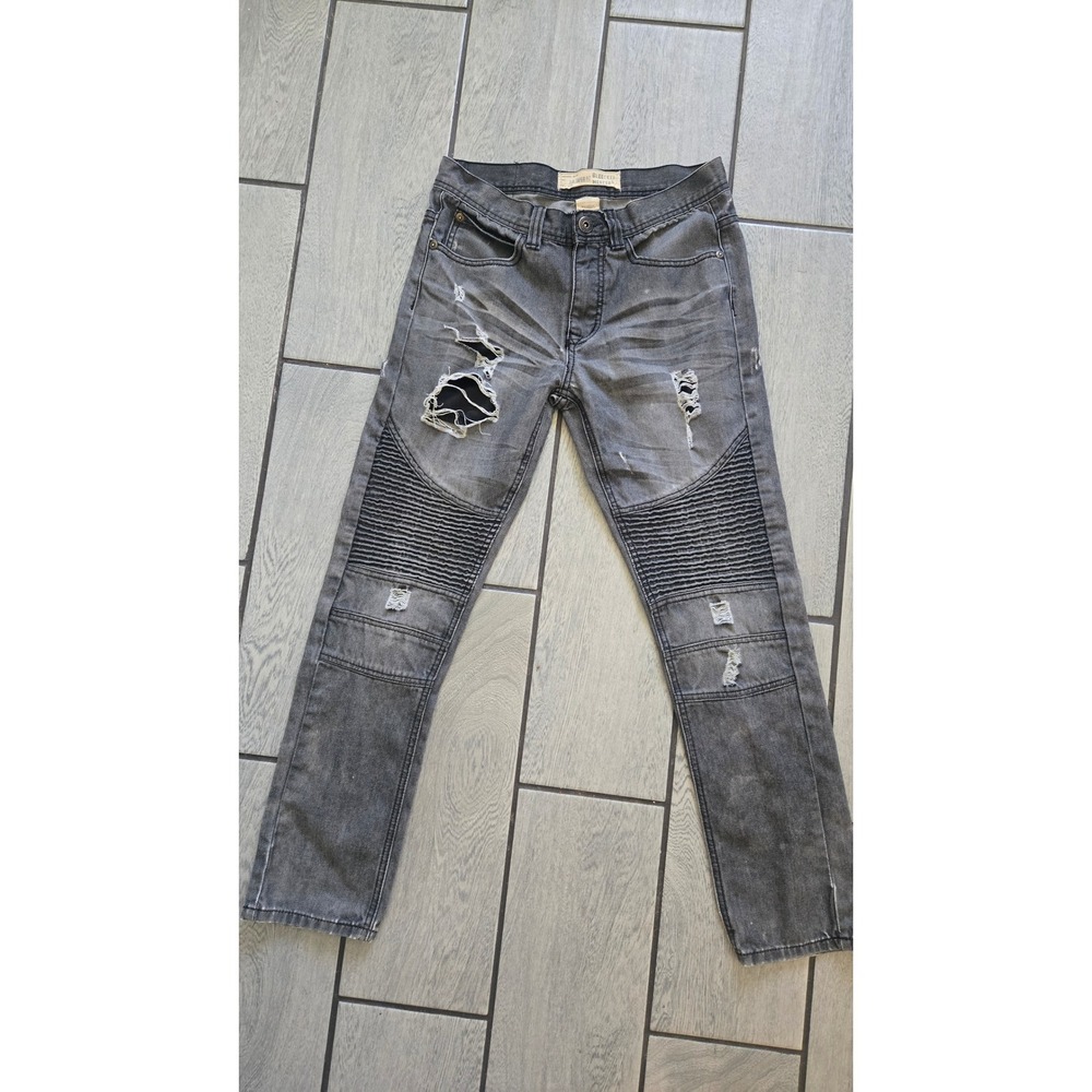 Bleecker & Mercer Mens Slim Taper Fit Moto Distressed Jeans Gray Black 30x30